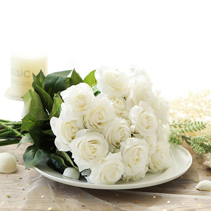 Amzali Artificial Flowers, Real Looking Blush Fake Rose Long Stem Silk Artificial Rose Flowers Home Decor for Bridal Wedding Bouquet, Centerpieces Birthday Flower Party Garden floral Arrangement White - Image 5